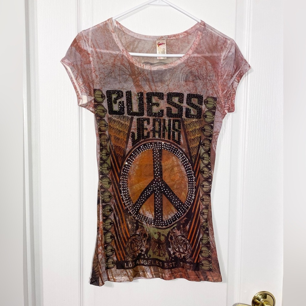 Y2K Guess Crystal Peace Sign Tattoo Semi Sheer Tee USA MADE Size Medium